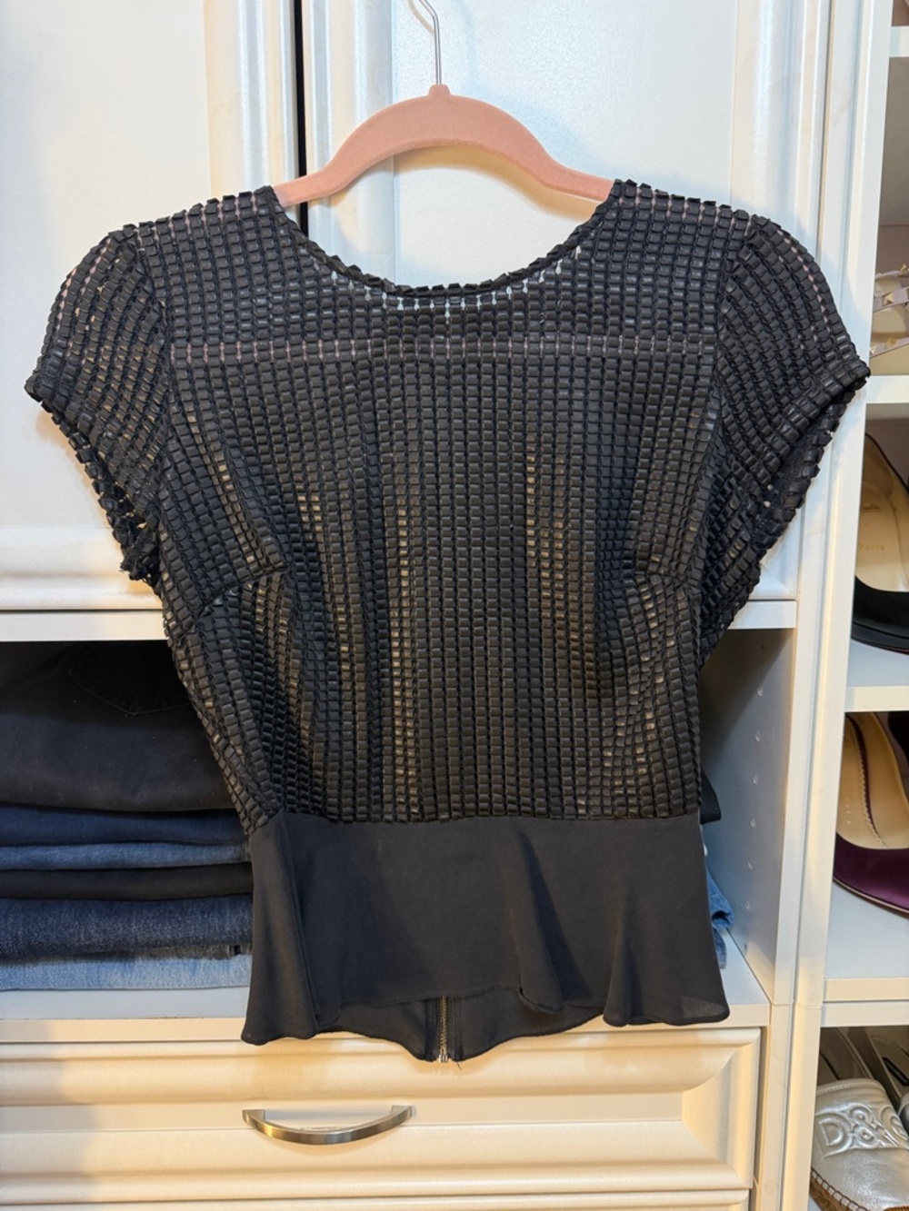 Black Textured Peplum Short Sleeve Top